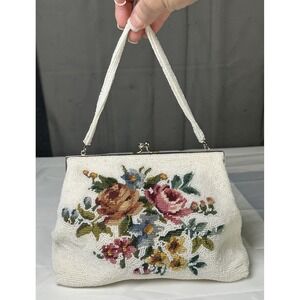 VTG 60s Glass Beaded Evening Bag Purse Embroidered Petit Point Needlepoint Ivory